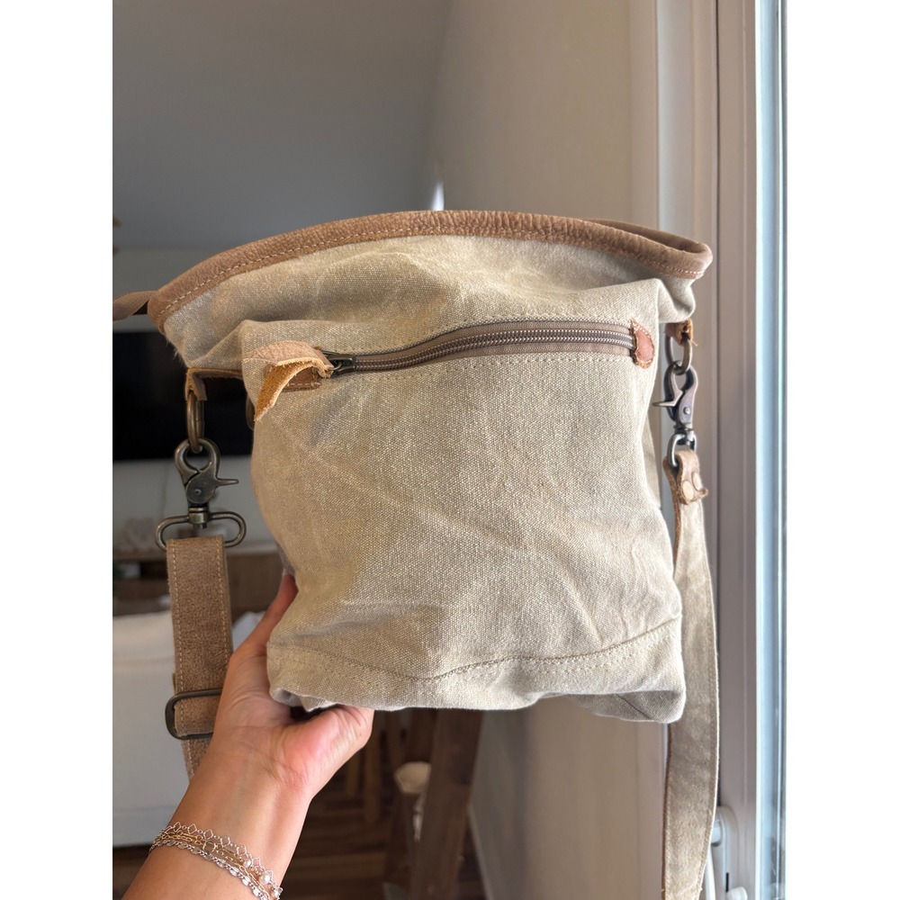 Myra Bag Canvas Leather Cowhide Crossbody Bag Scroll Pattern Boho Tan Grey - Picture 4 of 7